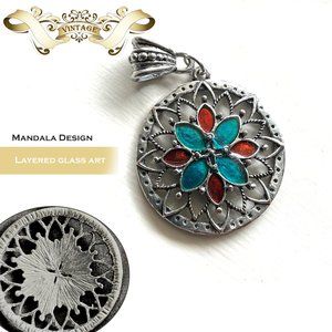 Vintage Sterling Silver Mandala Pendant with layered glass art